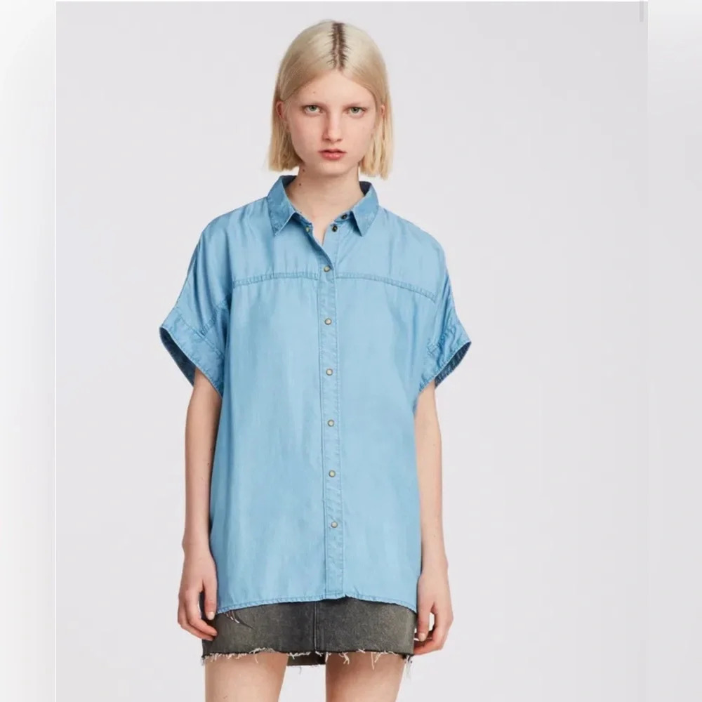 ALL SAINTS ALLSAINTS Grunge Moto Pome Bay Shirt Tencel Boxy Denim Snap Faded SM